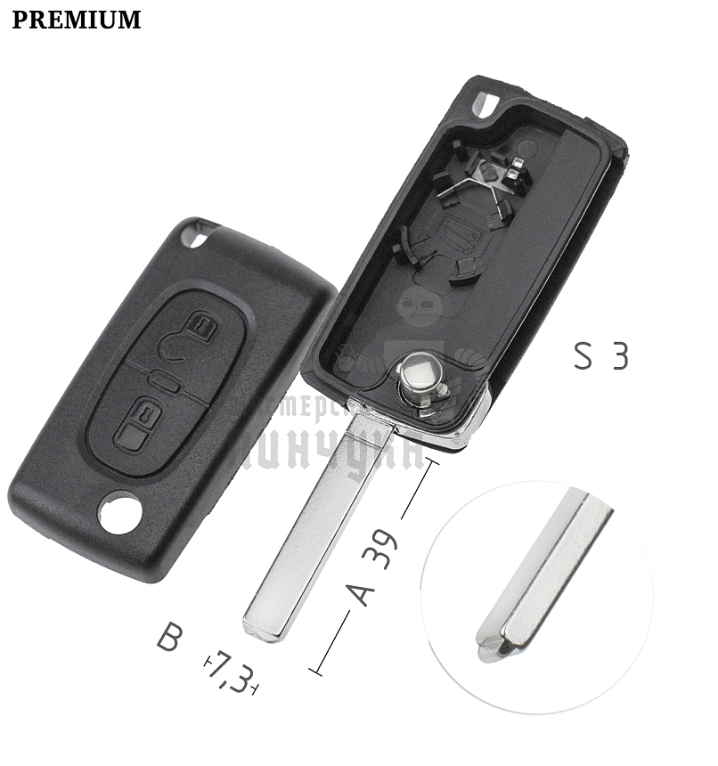 Корпус выкидного ключа VA49 VA6 VC75 2 кнопки батарея на корпусе  КНР   PEUGEOT 