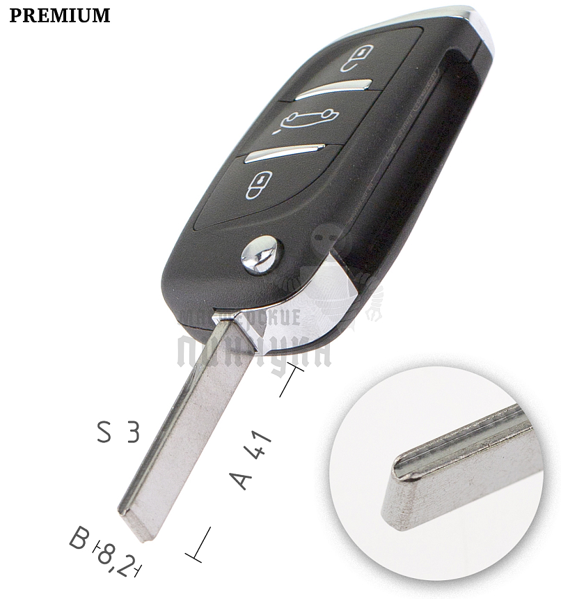 Корпус выкидного ключа  PEUGEOT HU83 3 кнопки/с пазом/вертикальный КНР