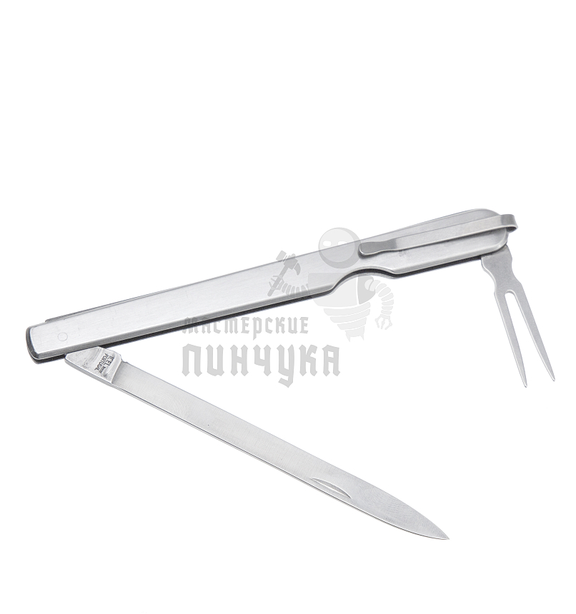 Нож технолога складной с клинком 11см, вилкой и клипсой, металлическая рукоятка, Португалия