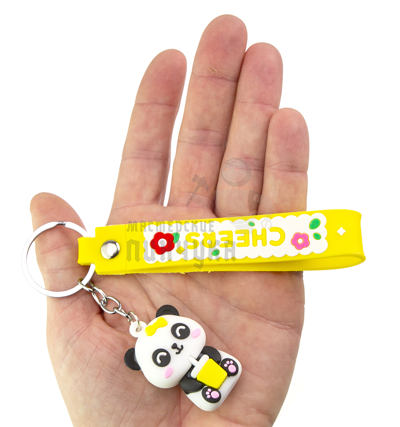 Брелок для ключей "Панда со стаканчиком" + ремешок, цв.желтый