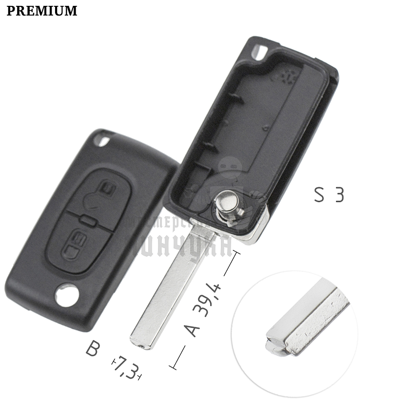 Корпус выкидного ключа VA49 VA6 VC75 2 кнопки без батареи КНР  CITROEN