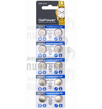Батарейка GoPower G10/LR1130/LR54/389A/189 BL10 Alkaline 1.5V (10/100/3600)