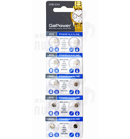 Батарейка GoPower G0/LR521/LR63/LR50/379A/179 BL10 Alkaline 1.55V (10/100/3600)
