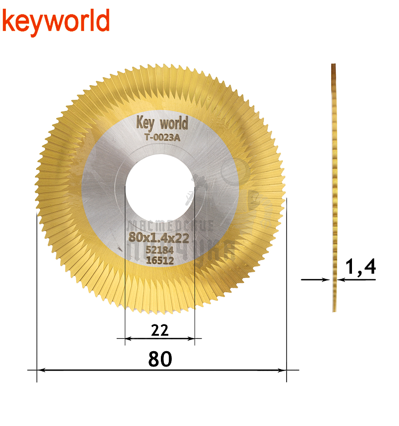 Фреза KeyWorld T-0023A отрезная с титановым покрытием (Ф80X1.4XФ22X100Т) HSS+TiN  (c бок.нас.)