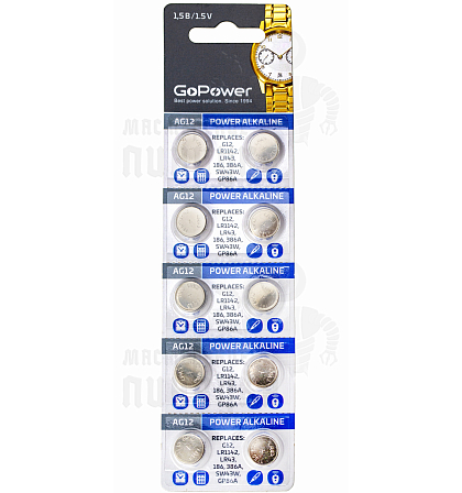 Батарейка GoPower G12/LR1142/LR43/386A/186 BL10 Alkaline 1.55V (10/100/3600)