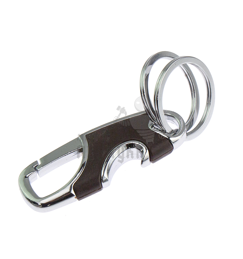 Карабин чёрный с двумя кольцами для ключей и открывашкой коричневый