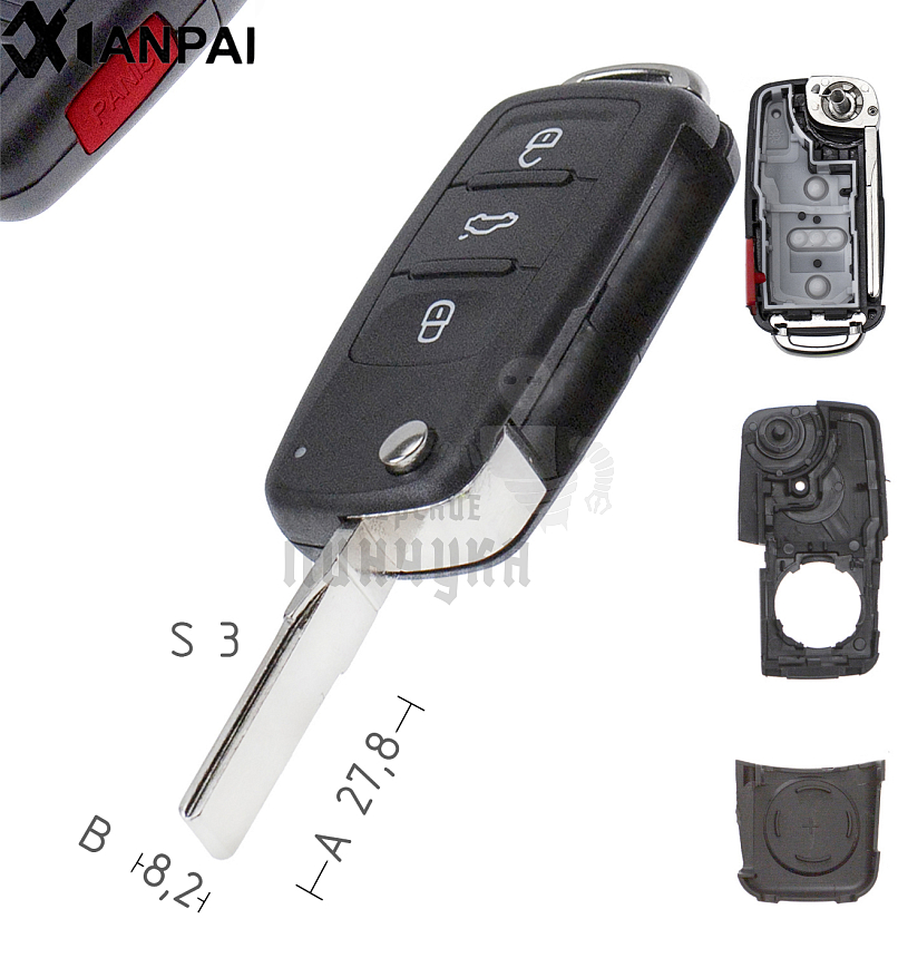 Корпус выкидного ключа HU-HAA.P1 HU66 HF55P65 3 кнопки + паника 2 VOLKSWAGEN КНР