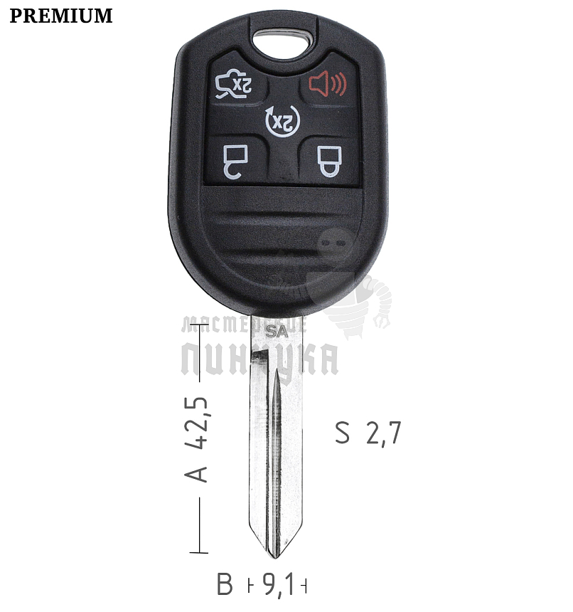 Корпус ключа FO38 4 кнопки + паника КНР   FORD