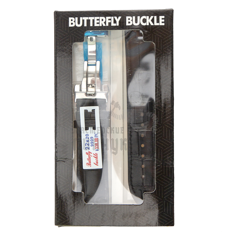 Ремешок для часов c тиснением под крокодила (Кожа, пряжка-бабочка/клипса, чёрный, 22мм)