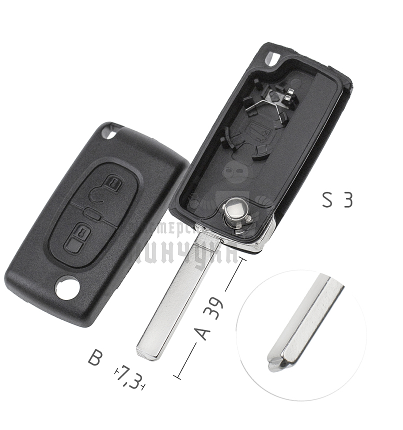Корпус выкидного ключа VA49 VA6 VC75 2 кнопки батарея на корпусе  КНР   PEUGEOT
