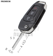 Корпус выкидного ключа FO-24 HU101 HF65 2 кнопки+паника FORD КНР - Чертеж