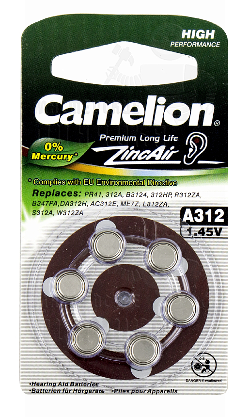 Батарейка Camelion ZA-312 BL-6 для слуховых аппаратов (6/60/300/3000 ...