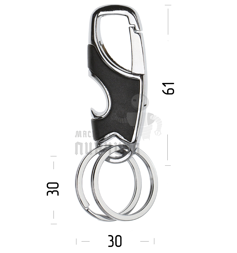 Карабин чёрный с двумя кольцами для ключей и открывашкой 